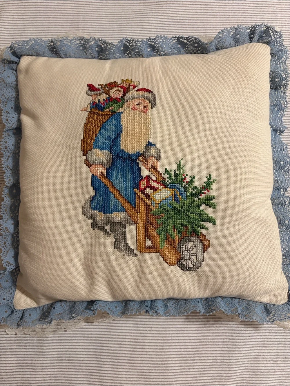 Vintage Handcrafted Cross Stitch Old World Santa Pillow